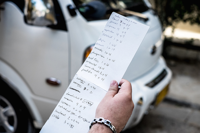 A list of medications being prepared for distribution to displaced families at Bzebez bridge, Iraq.
