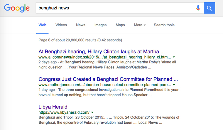 This morning it required scrolling through 6 pages of Google results before news of the City of Benghazi appeared.