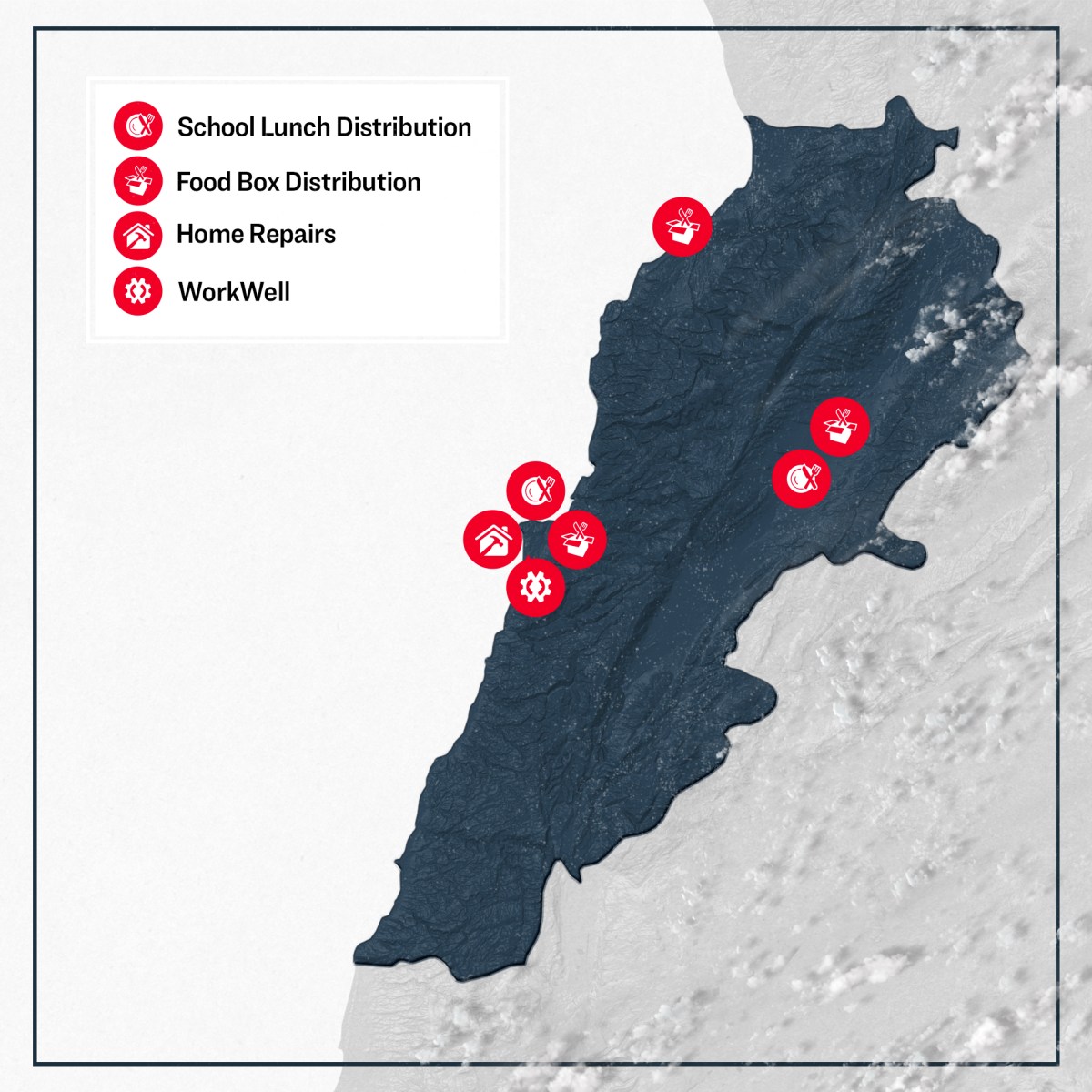 Map of Lebanon showing locations where the Preemptive Love community served in 2021.