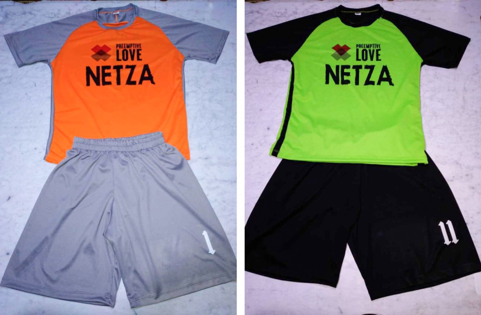 Soccer uniforms in bright orange/grey, and bright green/black.